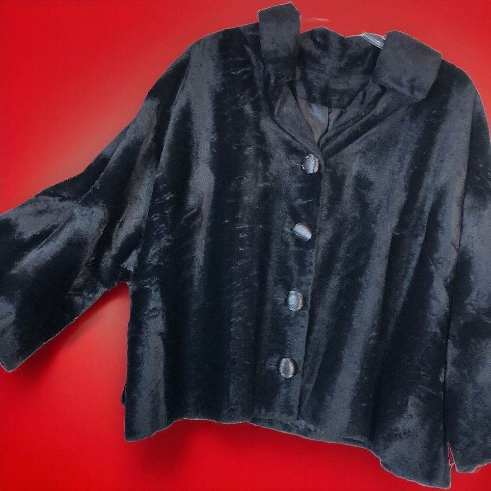 Custom Made Faux Fur Cropped Black Jacket Plus Size XL Vintage Short Coat